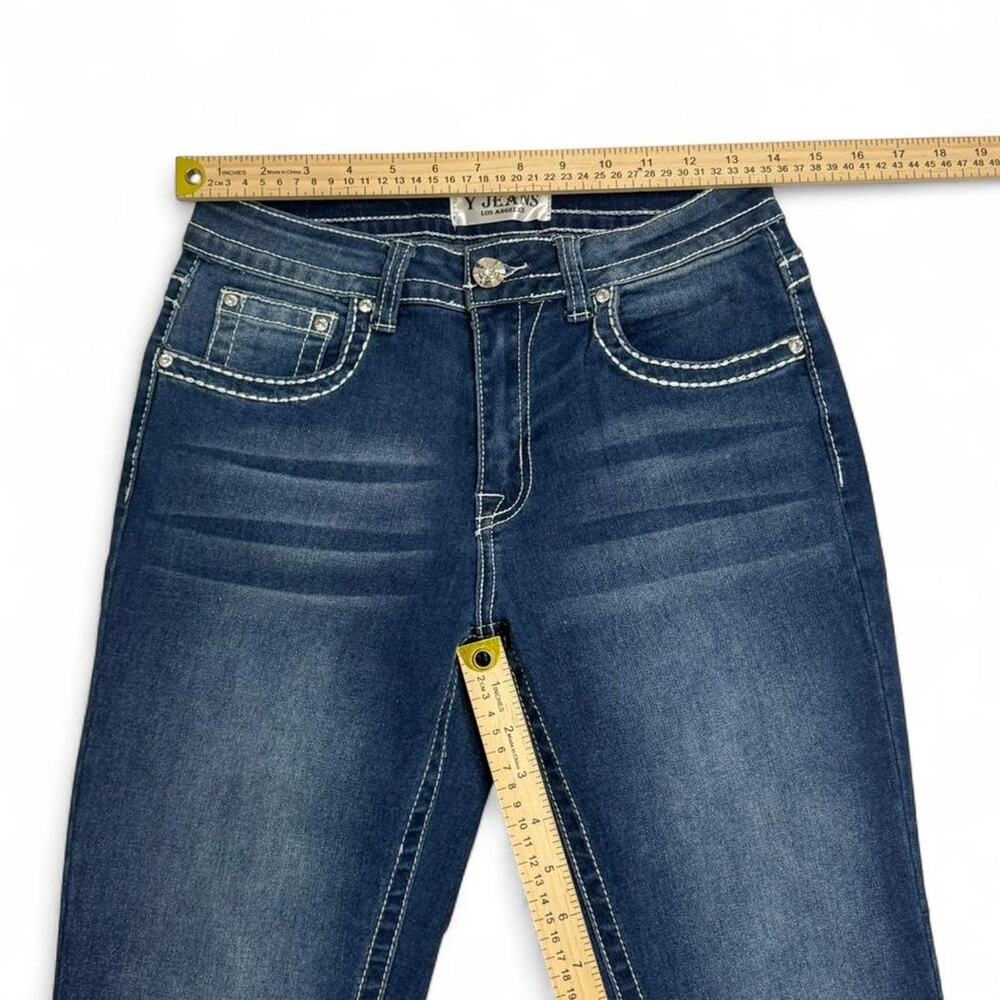 Y Jeans Los Angeles blue bootcut embellished Y2K 2000s jeans stitching size 7/8 - Picture 6 of 8